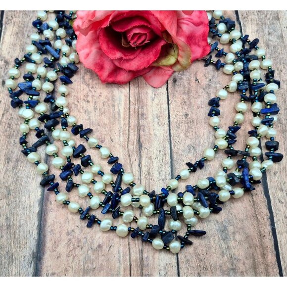 GCM Gerald C. Miller Faux Pearl Blue Chip Stone Multi Strand Collar Necklace 21" - Picture 1 of 9